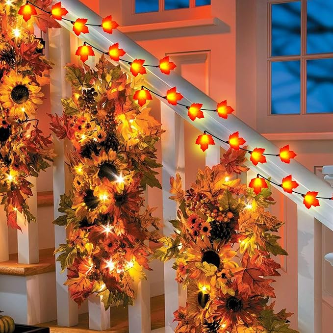 Fall Decorations Lights, 8.5Ft Outdoor Thanksgiving Decorations Lights with 10 LED Orange Maple Leaves Light, Hanging Orange Halloween String Light for Home Garland Autumn Harvest Thanksgiving Decor