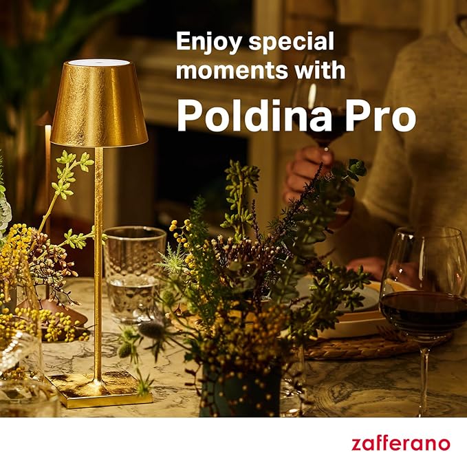 Zafferano, Poldina Pro Lamp with Gold Leaf, Rechargeable Cordless Table Lamp with Touch Controls, Usable as an Indoor Lamp, Dimmer, 2200-3000 K, Height 14.9 Inches
