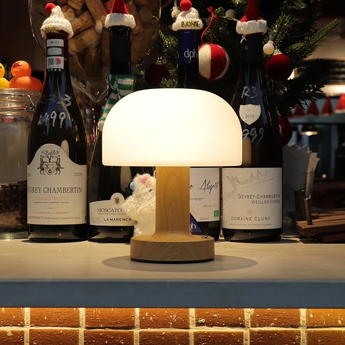 Small Mushroom Table Lamp, Cordless Night Light with 2600mAh Rechargeable Battery, Stepless Dimming Desk Lamp with 3 Colors for Bedroom/Patio/Living Room (Wooden-1)