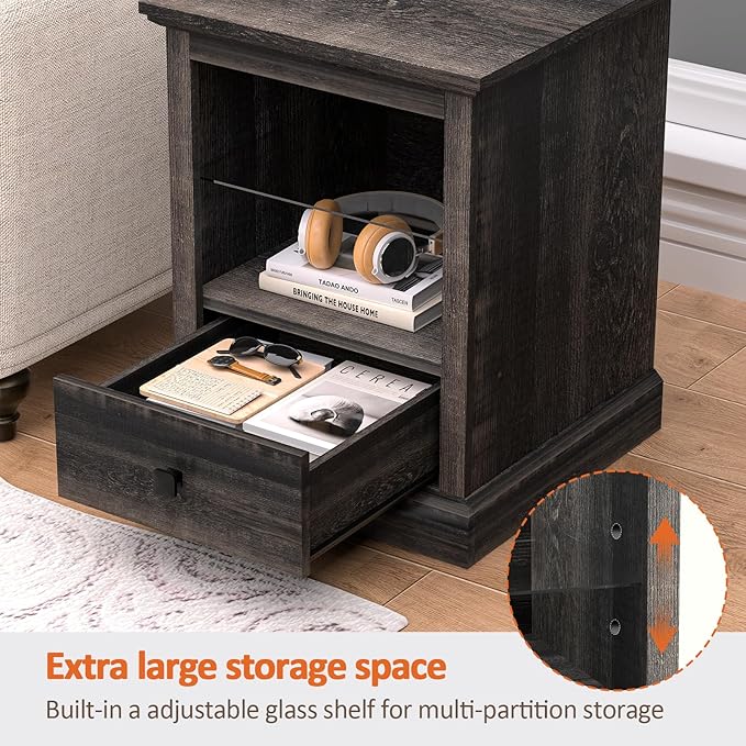 Rresyet Living Room End Table Set of 2, Side Tables with LED Lights & Charging Station & Adjustable Shelf, Storage End Tables with Drawer, Bedroom Nightstands