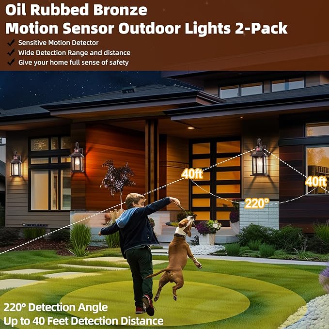 Motion Sensor Outdoor Lights Oil Rubbed Bronze Dusk to Dawn 2-Pack, Anti-Rust Exterior Light Fixtures IP65 Waterproof Front Porch Lights Brown Outdoor Sconces Wall Mounted 16 Inch