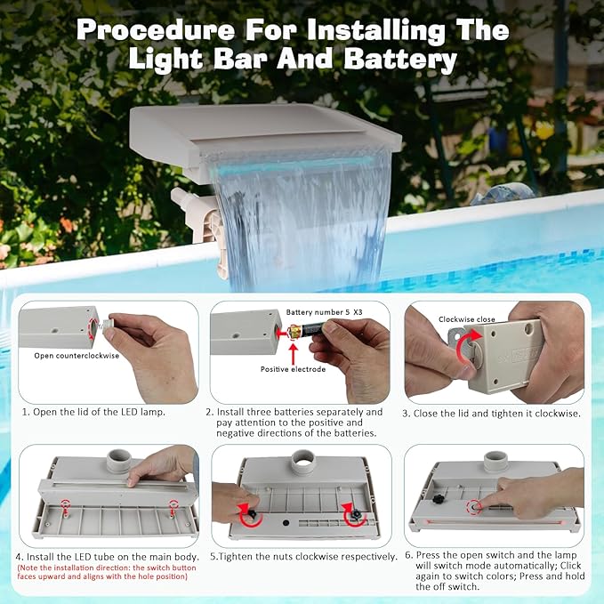 Pool Waterfall Creating Soothing White Noise Sound, Pool Waterfall with Relaxing Sound for Above Ground Pools, Peaceful and Soothing on Hot Days, 7 Colors LED Lights