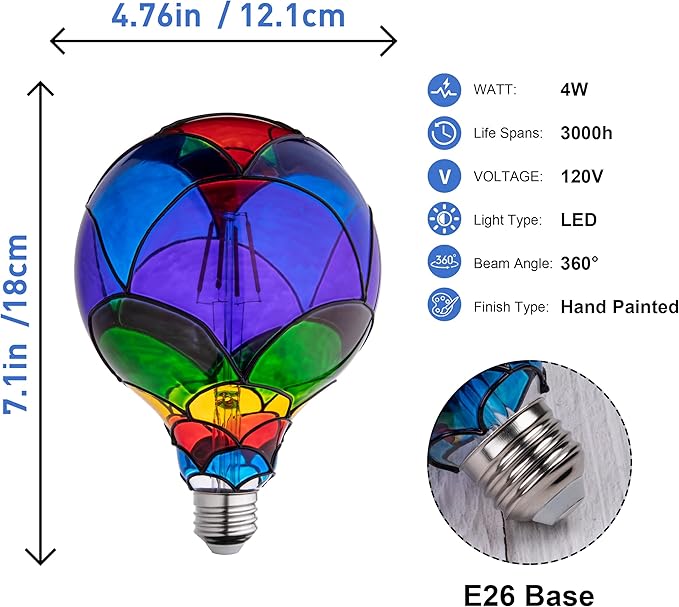 Stained Glass Light Bulb, Rainbow Painted, 4W 120V, Multi Colored, Fun, Romantic, Unique Decorative
