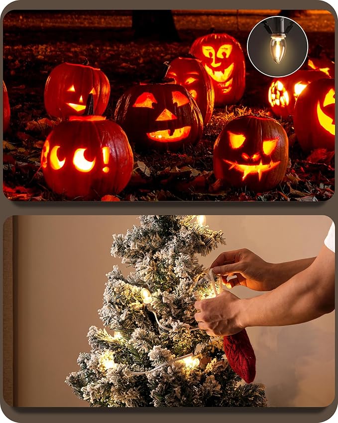 Christmas Village Lights, Decoration String Lights 21Ft with 12 C7 LED Bulbs, Warm White, with Socket and Switch, for Christmas Snow House, Pumpkin Crafts, Holiday Decoration W02VL05