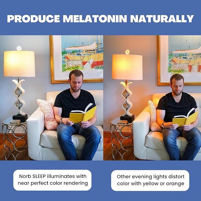 Norb NorbSLEEP Low-Blue Sleep Light Bulb – Melatonin-Boosting Nighttime LED for Restful Sleep – for Babies, Kids, & Adults – 6W A19 Dimmable, Natural Evening Spectrum, White Not Amber (1-Pack)