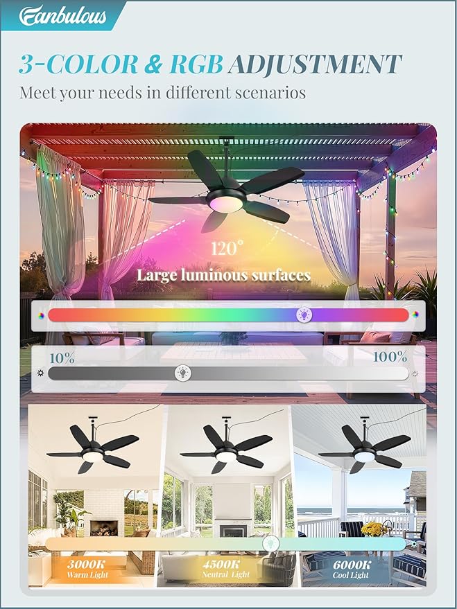 Fanbulous 42 Inch RGB Waterproof Outdoor Ceiling Fan with Lights,APP & Remote Control,IP65 Hanging Gazebo Fan with 3CCT 6-Speed DC Motor,Black Wet Rated Plug in with Cord for Patios Porch Pergola