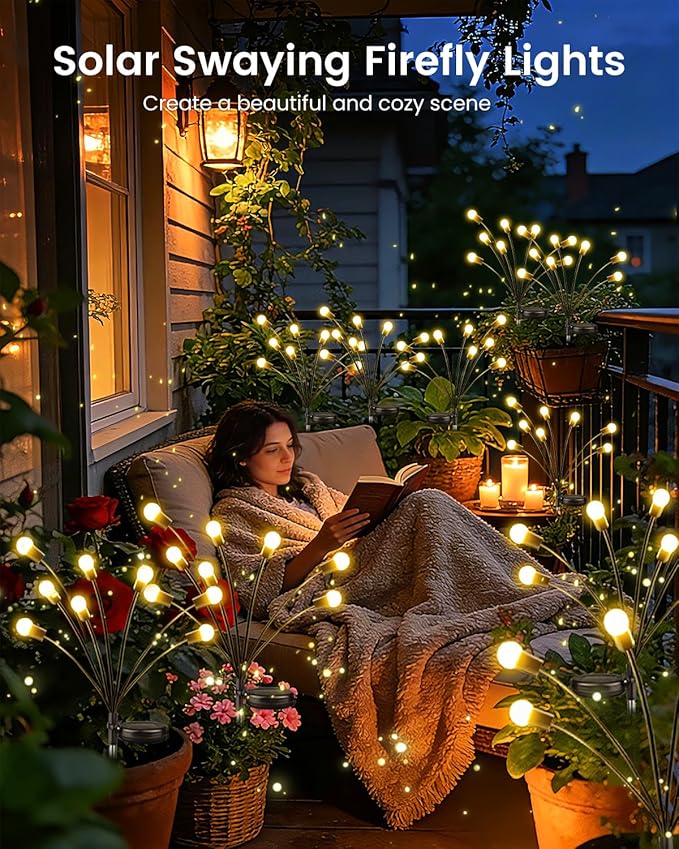 OZS 12 Pack Total 96 LED Solar Garden Lights Fairy Outdoor - Solar Firefly Lights Outdoor, Sway by Wind, Waterproof for Garden Patio Pathway Fairy Decoration (Warm White)