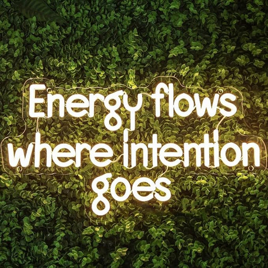 Energy Flows Where Intention Goes Neon Sign – Warm White LED Wall Light for Yoga Room, Gym, Meditation Space, Inspirational Quote Decor for Home or Studio 16.5″ ×9″