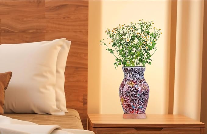 8-Inch Handcrafted Mosaic Cracked-Ice Vase Bedside Lamp with USB-Powered LED Wooden Base,Single-Switch Auto-Cycle RGB Mood Light, Ruby Red Vase USB Night Light for Party,Camping Decor