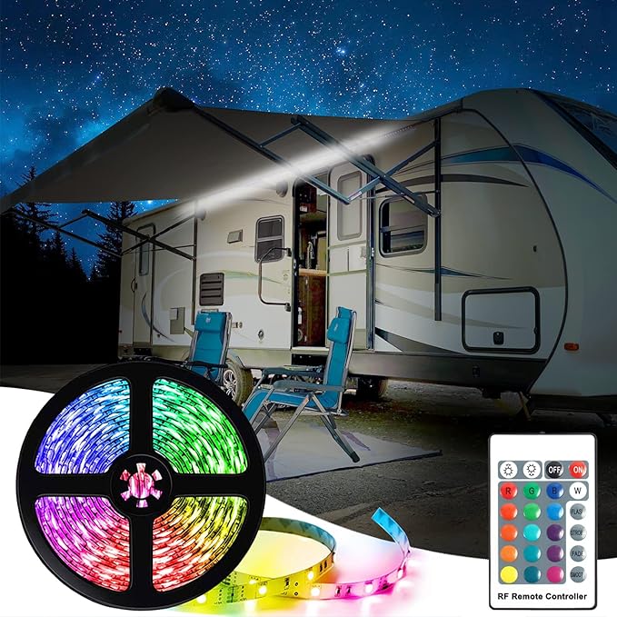 RV Awning Lights,Camper RV Awning LED Light Strip,12v 20FT Exterior LED Awning Lights for RV Canopy Motorhome Travel Trailer,Waterproof RV Exterior Underglow Light Strip for Lighting Party,12v DC,RGB