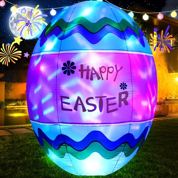 6FT Easter Egg Inflatable Outdoor Yard Decoration Build-in LED Lights,Colorful Large Easter Painted Eggshell Blow up Lighted-up Decorations Holiday Addition for Party,Garden,Lawn,Porch