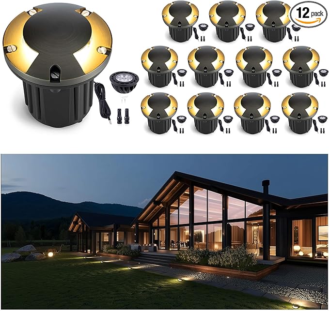 Gardenreet Landscape Brass Well Lights - Brass Hardwired Ip65 Electric In-Ground Lighting, Low Voltage 12V Fixture, Antique Bronze for Outdoor Driveway Backyard with 4000K Neutral White MR16 Bulb