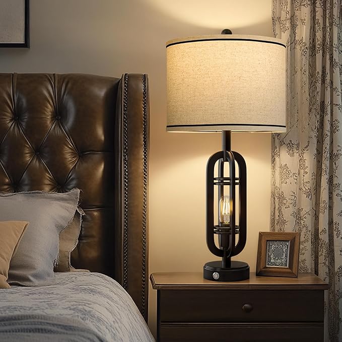 27.25'' Table Lamps Set of 2 for Living Room Bedroom Industrial Farmhouse Metal Touch Lamps with USB A+C Ports, Night Light Vintage Nightstand Bedside Lamp, Bulbs Included, Black