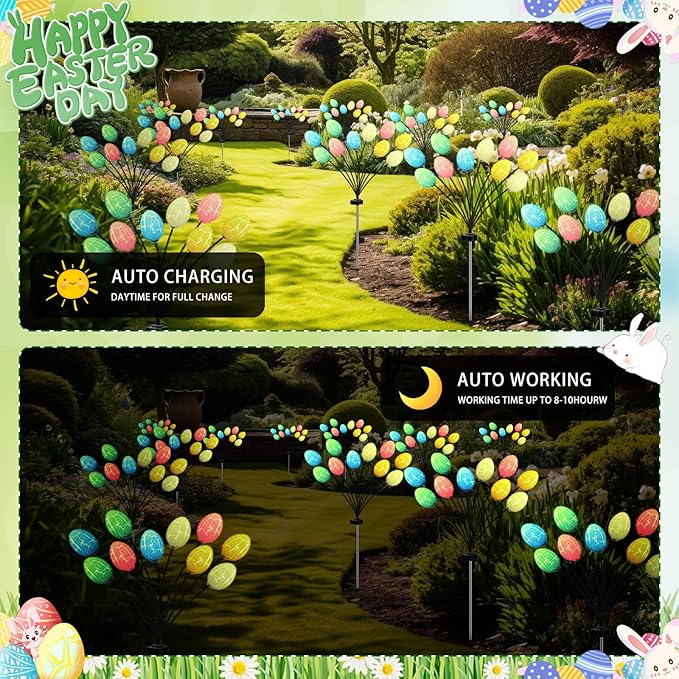 Baquler 6 Pack 60 LED Easter Eggs Solar Lights Outdoor Waterproof Solar Firefly Outdoor Easter Lights with Stake for Yard Garden Path Lawn Party Patio Pathway Decorations