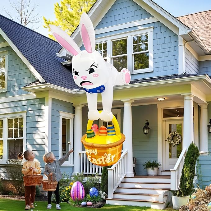 8FT Easter Inflatables Outdoor Decorations Climbing Inflatable Bunny Decor, Inflatable Bunny Basket with Eggs Decor, Easter Blow Ups for Outside Roof Yard Shop Lawn Fence