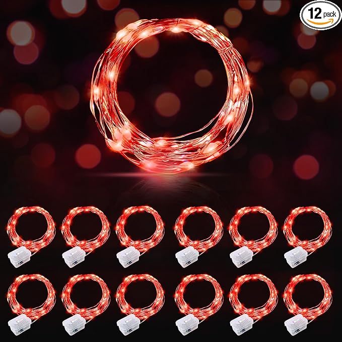 AIKEI 12 Pack LED Fairy Lights Battery Operated, Red Mini String Lights Waterproof 7 Feet 20 Led Twinkle Lights for Valentine's Day Decor Wedding Party Bedroom Halloween Christmas Decoration