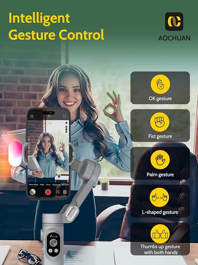 AOCHUAN 3-axis Gimbal Stabilizer for Smartphone w/ 1/4 Thread Foldable Phone Stabilizer for Recording, Built-in Fill Light, Smartphone Gimbal w/RGB Light for iPhone 15/14 Vlogging(Smart X Kit Grey)