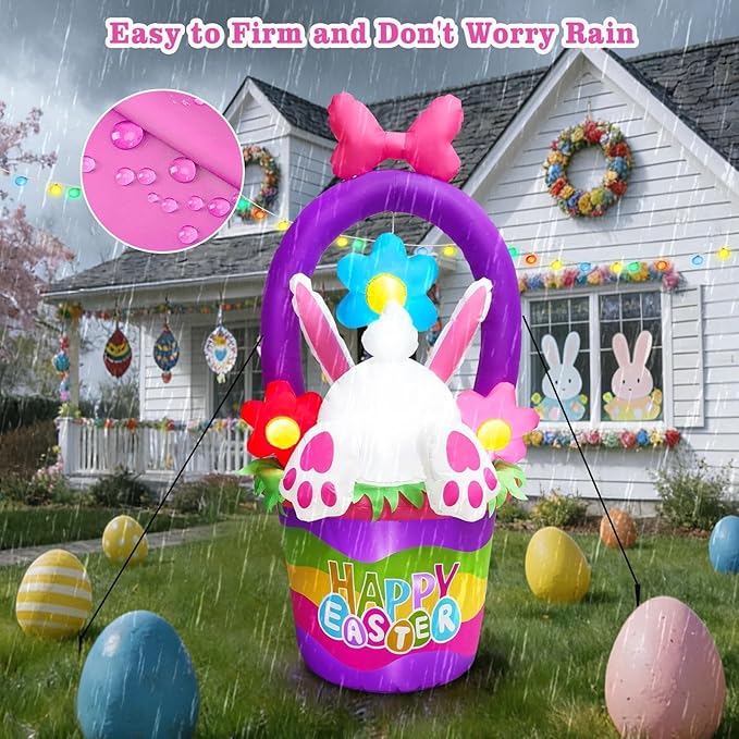6FT Tall Easter Inflatable Bunny Jumping into the Flower Basket Outdoor Decoration, Blow Up Bunny Inflatables Built-in 5 LEDs for Easter Day Outdoor Indoor Yard Garden Lawn Decor