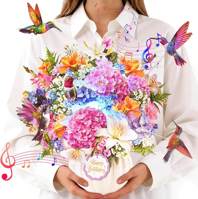 Pop Up Birthday Card with Music & Lights, 3D Pull-Out Flying Hummingbird Flower Bouquet Greeting Card, Elegant Floral Birthday Keepsake Gift with Envelope for Women Wife Mom Sister Friends Her