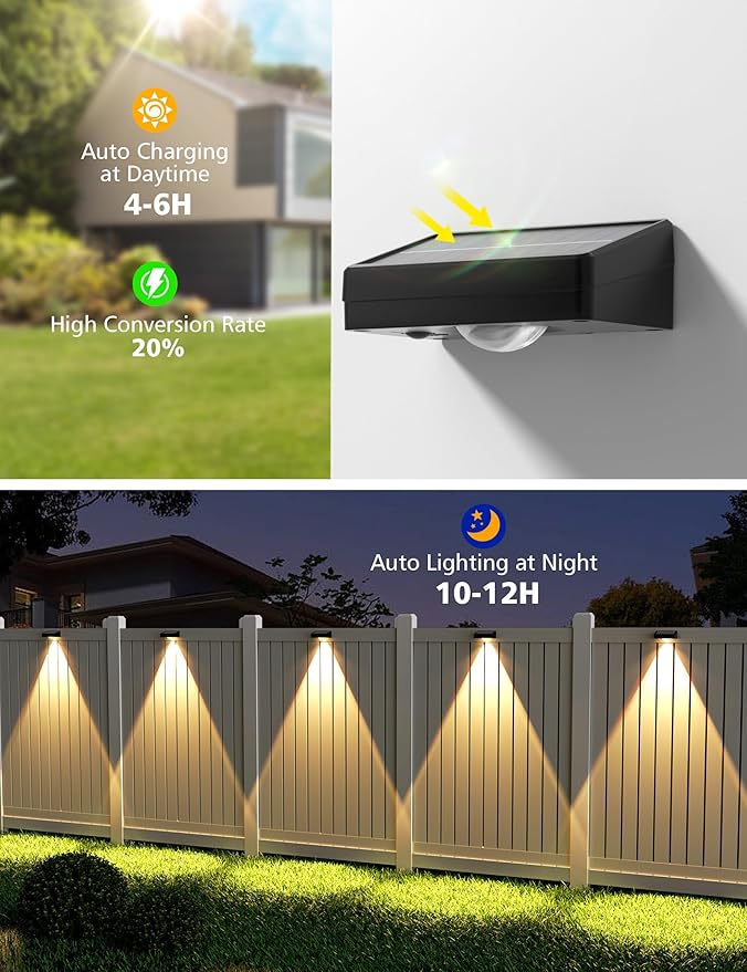 VOLISUN Solar Fence Lights, Fence Lights Solar Powered, IP65 Waterproof LED, 3 Color Temperatures Solar Light for Fence, Yard, Wall, Backyard (8 Pack, Black)