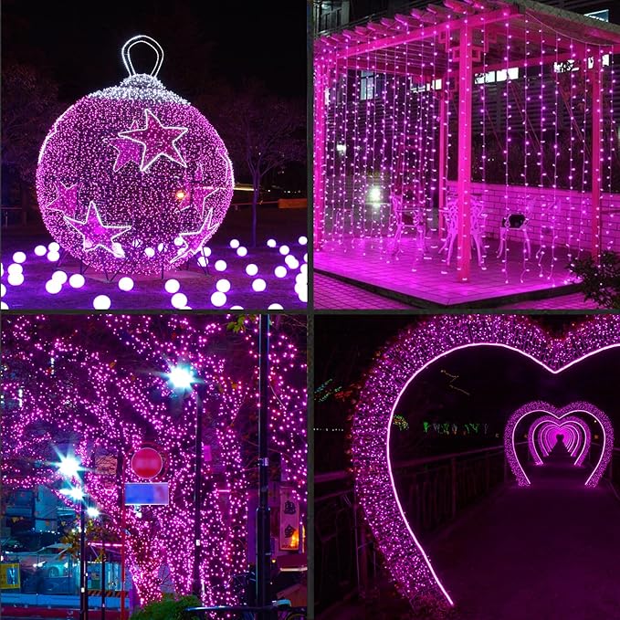 LAMPHOME 200LED (4pk of 50L) String Lights, LED Christmas Lights, 6" SPACING,Green Wire,Pink