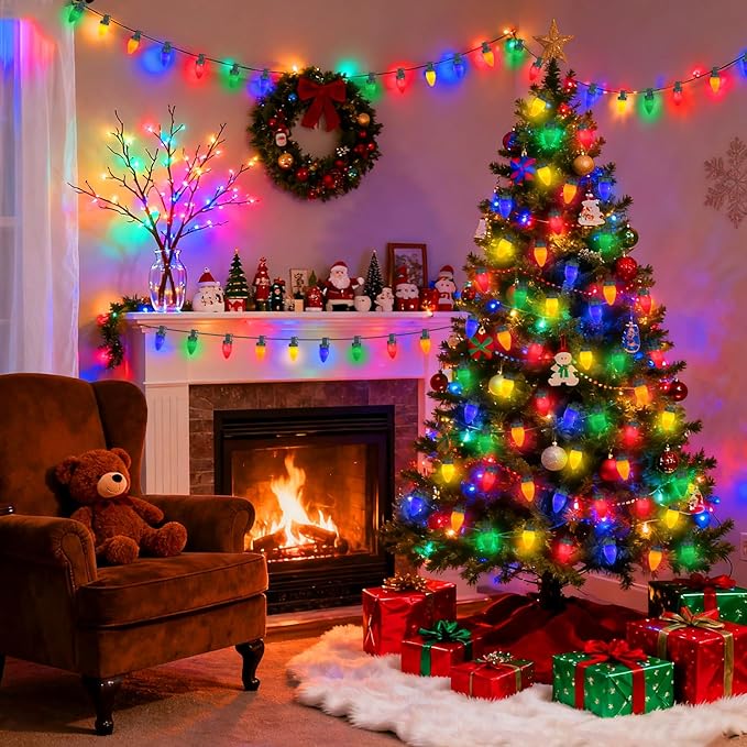 100 LED C7 Multicolor Christmas Lights Battery Operated with 8 Mode Remote Control, 2 Sets 27.5FT Colorful Christmas Tree Lights with 2 * 50pcs Twinkle C7 Light Bulbs for Home Porch Yard Decorations