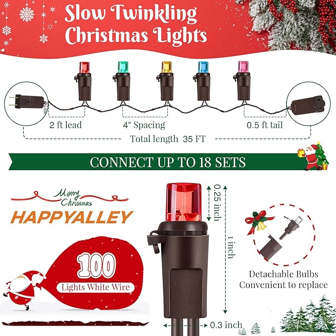 Slow Twinkling Christmas Light, 100 LED 35Ft Pulsing Twinkle Lights for Christmas Tree, 5mm Wide Angle Soft Random Shimmering Set with Brown Wire Cord, Waterproof String Lights(Multicolor)