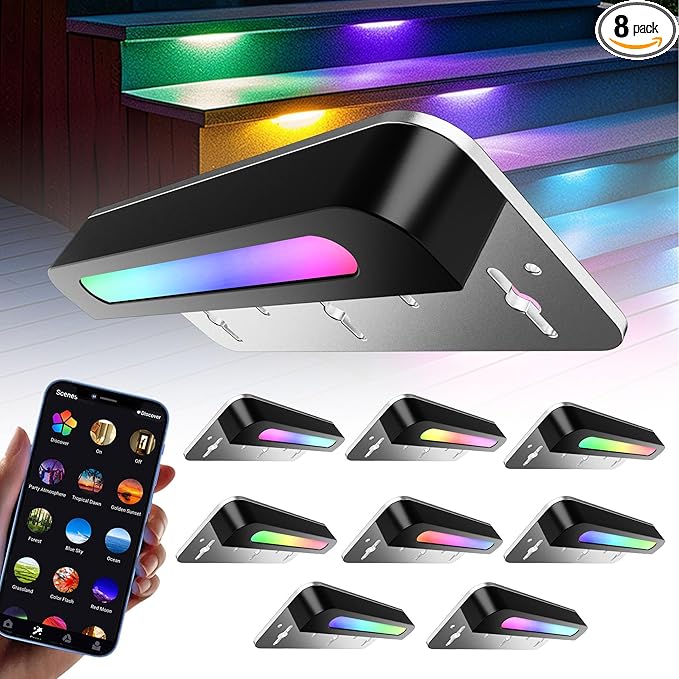 8 Pack 7 inch RGB LED Hardscape Lighting Step Lights Retaining Wall Lights with Color Changing & Warm White Mode Low Voltage Landscape Paver Lights Waterproof Deck Lights for Outside Stairs Yard