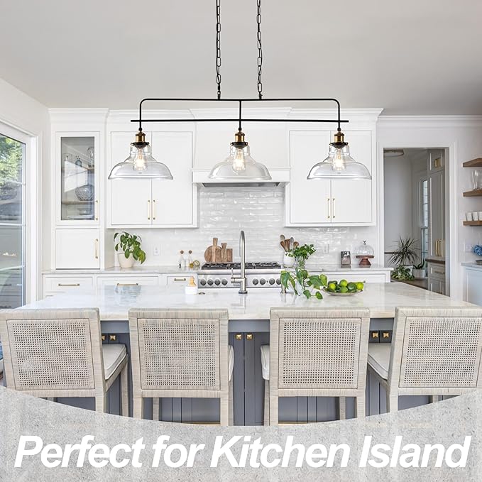 Industrial Glass Kitchen Island Lighting Vintage 3-Lights Glass Pendant Light for Kitchen Island Rustic Farmhouse Black Chandelier for Dining Room, Living Room, Bar, Over Table