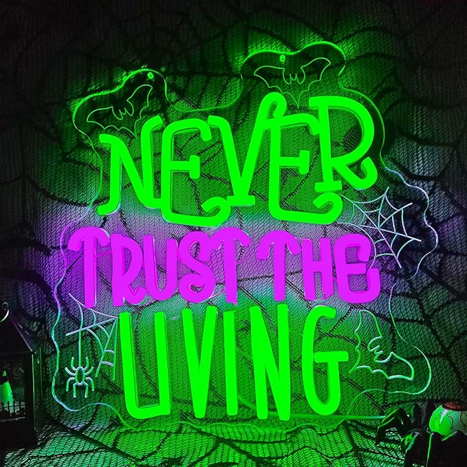 Ajoyferris Never Trust The Living Neon Sign Halloween Neon Signs for Wall Decor Dimmable Tombstone Led Sign Gothic Haunted House Neon Lights for Windows Halloween Party Decor