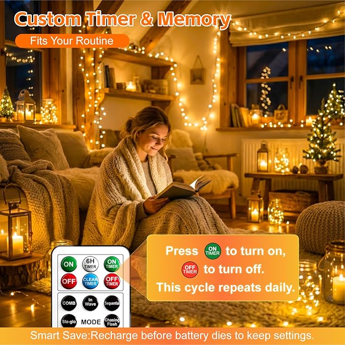 8 Pack Rechargeable Fairy Lights with Remote & DIY Timer, 7ft 20LED Dimmable Silver Wire String Light for Mason Jar, Mini Twinkle Lights for Indoor Christmas Bedroom Wedding Decor, Warm White