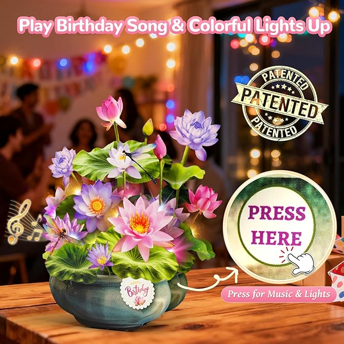 Birthday Cards with MUSIC & LIGHTS, Pop Up Happy Birthday Card, Water Lily & Dragonfly, 10 Inch Life Sized Forever Flower Bouquet Gifts for Women Mom Grandma