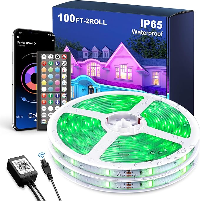 Waterproof Outdoor led Strip Lights,100ft led Lights IP65 with App Control and Remote,RGB Color Changing Waterproof Led Rope Lights for Tree,Yard,Balcony,Party and Patio