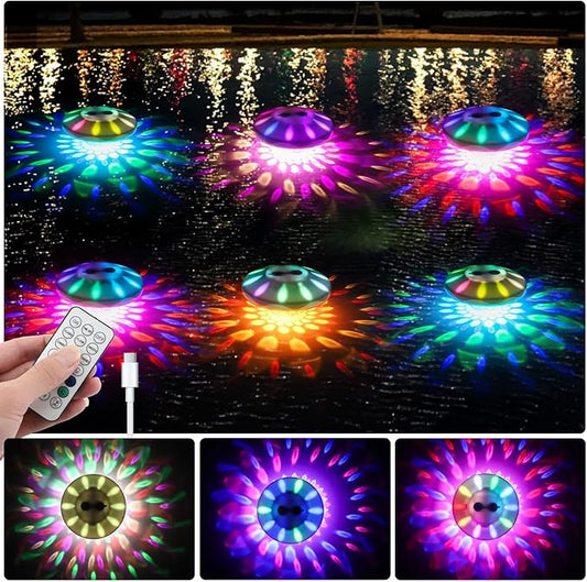 Floating Pool Lights, Pool Lights with 6 Dynamic Lighting Effects, IP68 Waterproof Underwater Light That Float, Rechargeable RGB Upper and Lower Color Changing Light for Inground Pool-6PACK