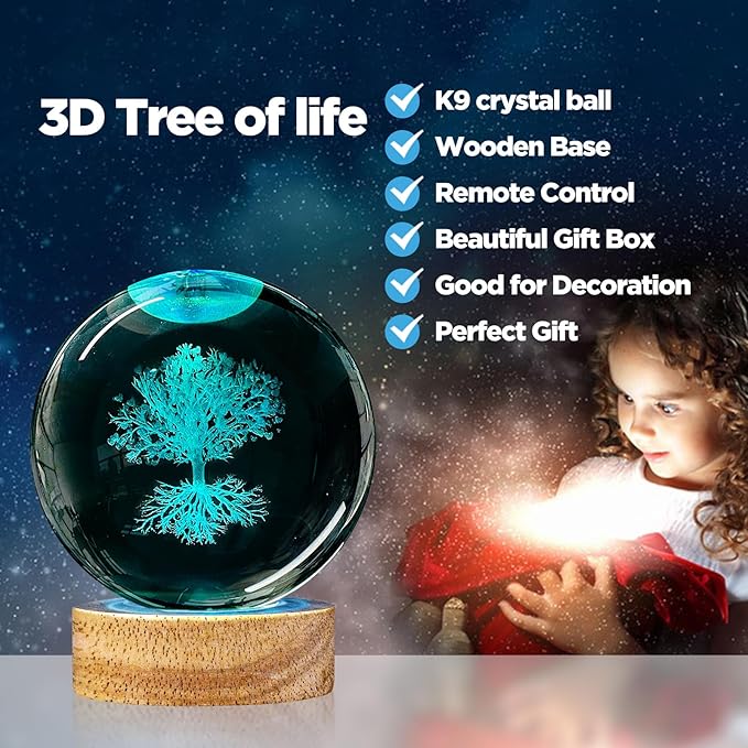 3D Tree of Life Crystal Ball Night Light,3.15in k9 Crystal Ball Lamp with 16 Colors Change,Wooden Base and Remote Control Tree of Life Gifts for Kids