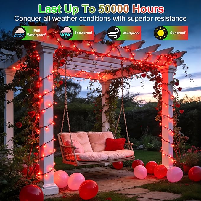 350LED Valentine Lights Indoor Outdoor, 90ft 12 Modes Red Valentines Day Decorations with Timer Dimmable, Waterproof Christmas Tree Lights for Xmas Patio Bedroom Yard Fence Balcony Garden Party Decor