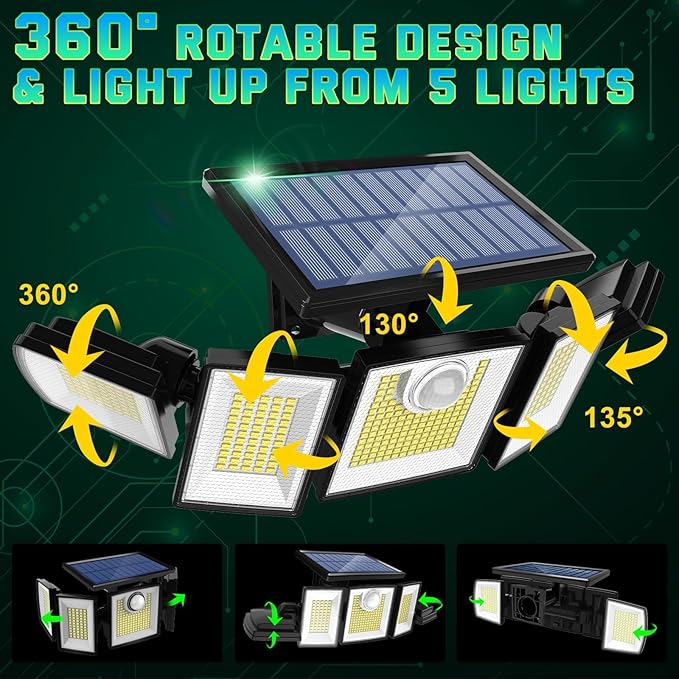 Solar Lights Outdoor Waterproof Motion Sensor - 416 LEDs 3000 Lumens Super Bright 3 Brightness 3 Modes 2400mAh 360° Illumination 32ft Solar Flood Security Light for Outside (with Stakes, 2)
