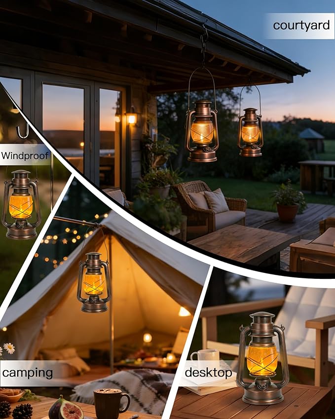 Vintage Battery Operated Lanterns 2 Pack, IP65 Waterproof Antique Outdoor Lantern with 2 Modes (Steady & Flickering) - Hanging Rustic Decor for Garden, Camping, Patio, Emergency