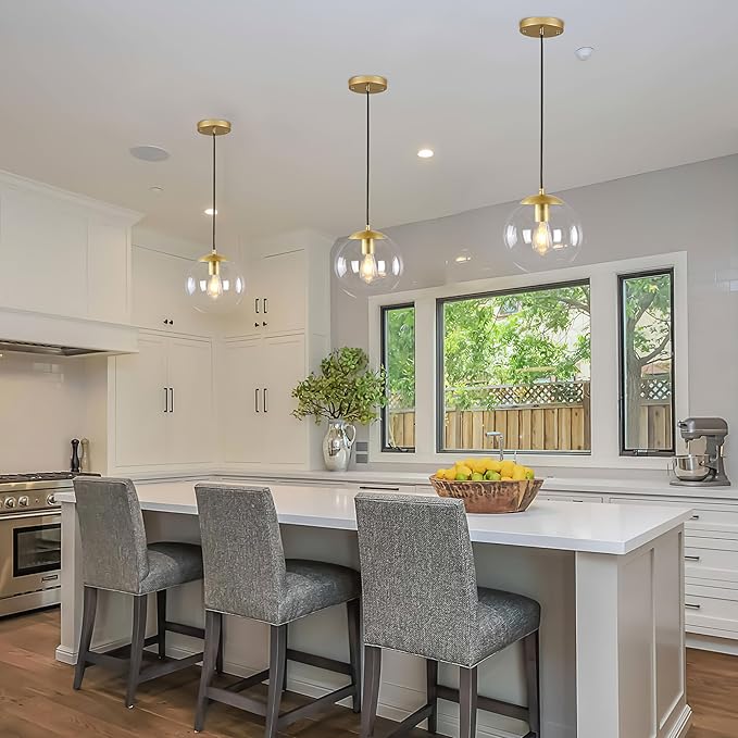 KoKo&Yukina 10" Globe Pendant Light Gold Mid Century Pendant Glass Globe Light Fixture Mid Century Modern Light Fixture Brushed Brass Finished with Clear Glass Lampshade for Dining Room Bedroom