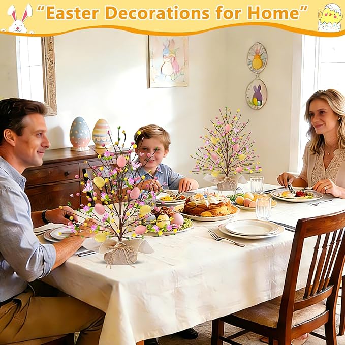 2 Pack & Timer - Easter Decorations, 18 Inch Lighted Easter Tree Tabletop with 20 LED Warm White Lights Pastel Eggs Floral Berries Battery Operated Easter Egg Tree Home Indoor Table Party Spring Decor