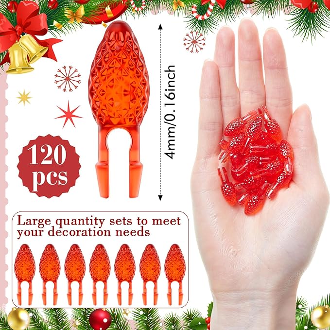 Boao 120 Pcs Ceramic Christmas Tree Replacement Lights Clear Plastic Flame Peg Bulbs Accessories for Ceramic Christmas Trees and DIY Projects(Red,Small)