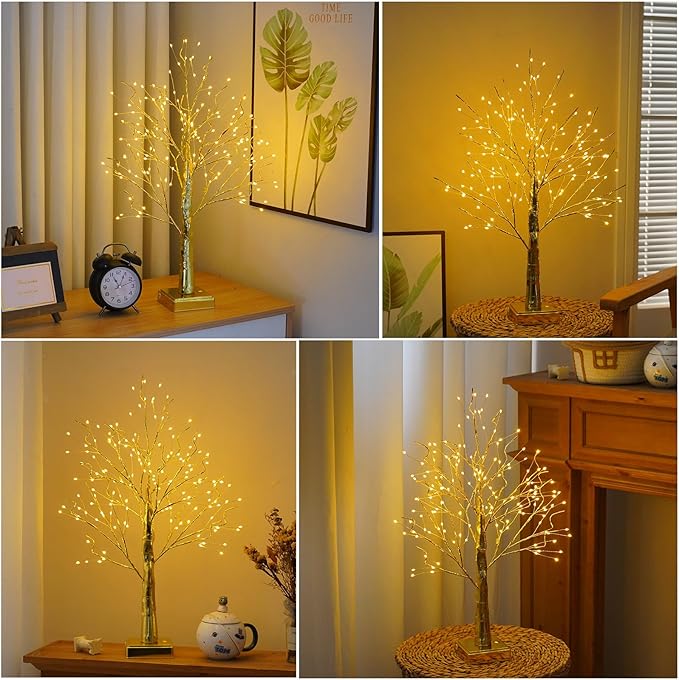 144 LED Artificial Tree Lamp with Timer, DIY Birch Tree with LED Lights, Lighted up Tree Lamp USB/3 AA Battery Powered, Fairy Light Spirit Tree for Table Home Wedding Bedroom Christmas (Gold)