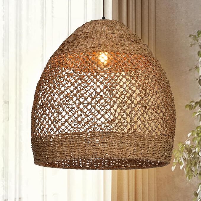 Arturesthome Large 23.6in Rustic Rattan Pendant Light,Basket Hanging Light Ceiling Lamp for Dining Room, Farmhouse Wicker Chandelier for Living Room Foyer Bedroom Hallway