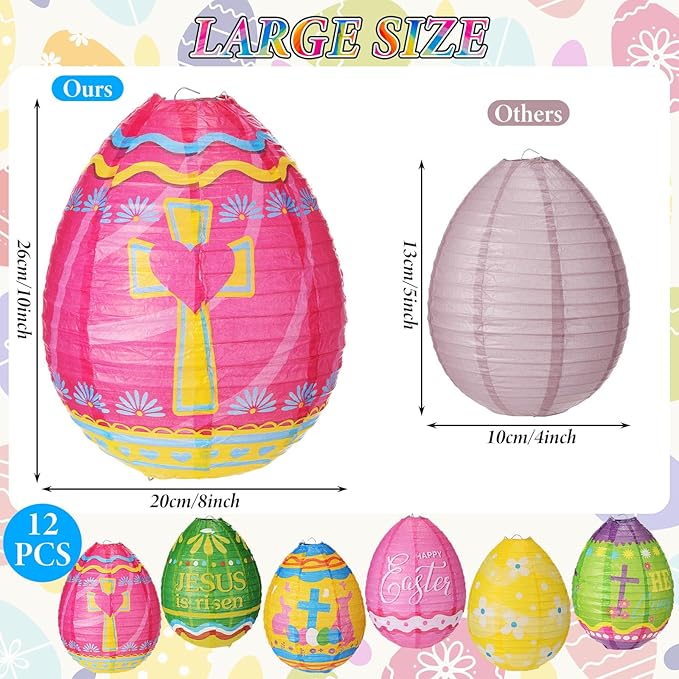 Wenqik 12 Pcs Easter Egg Paper Lanterns Party Decorations 10 Inch Spring Colorful Flower Dot Decorative Ceiling Hanging Lanterns for Home Easter Birthday Party Supplies, 6 Styles(Christian)