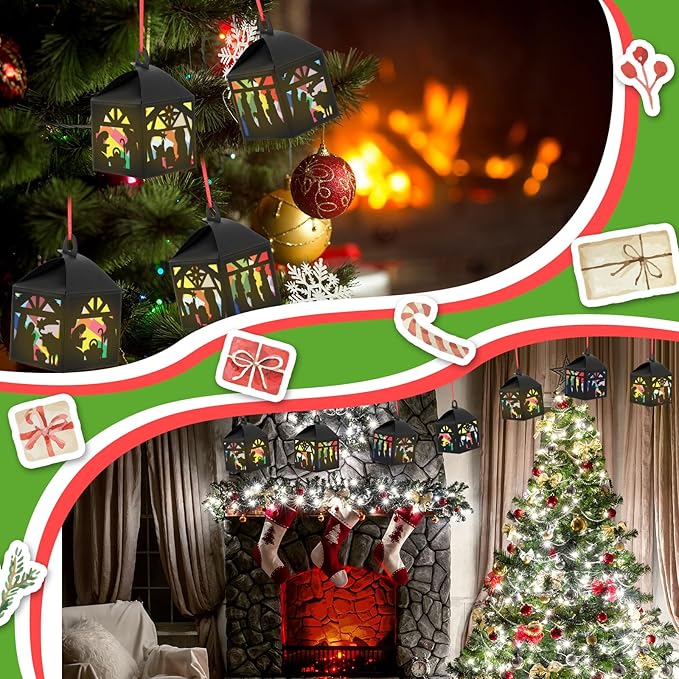 12 Sets Christmas Nativity Lanterns Crafts with LED Candles Lights Christmas Tissue Paper Crafts Kits DIY Birth of Jesus Religious Lanterns for Xmas Party Decor Classroom Activities