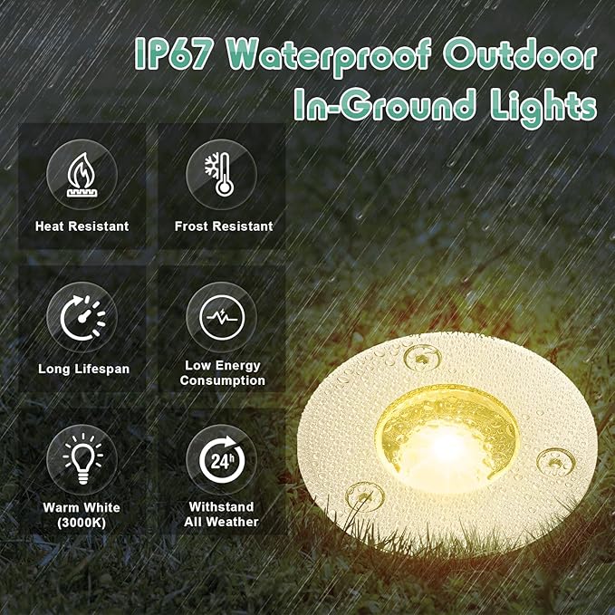 Retisee 6 Pcs 1W LED Well Lights Low Voltage Landscape Lighting with 16 Connectors, 12-24V Outdoor Inground Lights IP67 Waterproof Warm White for Sidewalk Paver Garden Step Lawn