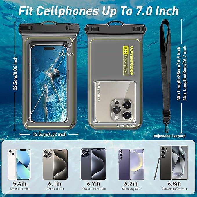 Marine IP68 Waterproof Phone Pouch, Floating Waterproof Dry Bag Compatible for iPhone 17 16 15 14 13 12 Pro Max Plus Up to 7"，Cellphone Cruise Essentials Must Haves, 1 Pack-Grey