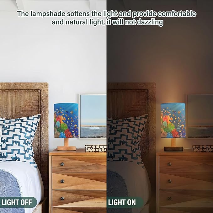 Table Lamp Underwater Sea Fish Coral Ocean Sunshine Nightstand Lamp with Wood Base Fabric Lamp Shade Bedside Desk Lamp for Living Room Bedroom Kids Room Office