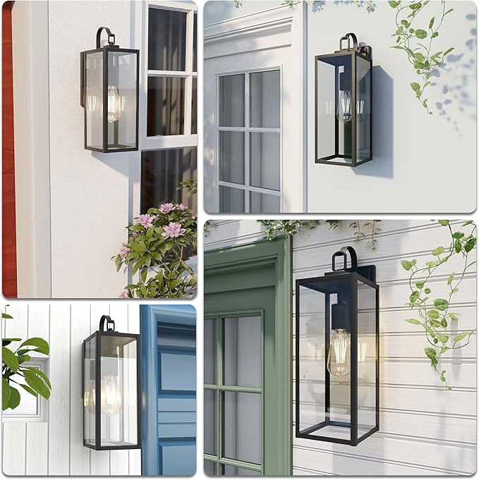 Pia Ricco Large Size Outdoor Wall Lights, 18 Inch Oversized Matte Black Exterior Light Fixture with Clear Glass, Waterproof Front Porch Lighting, Modern Sconces Lantern for House, Garage, ETL Listed
