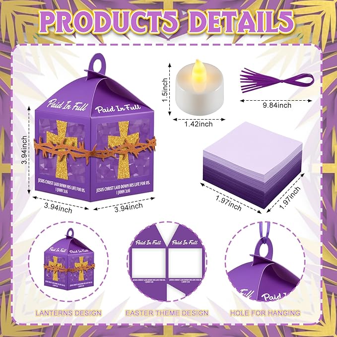 12 Sets Religious Easter Crafts Bulk Christian Cross Lanterns Crafts with LED Lights Glitter Cross Tissue Paper Lanterns for Easter Church VBS Sunday School Classroom Activities